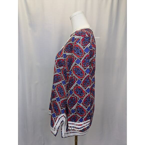 Talbots Paisley Tunic Top Womens Small 3/4 Sleeve Patriotic Red White Blue Shirt - Picture 5 of 11